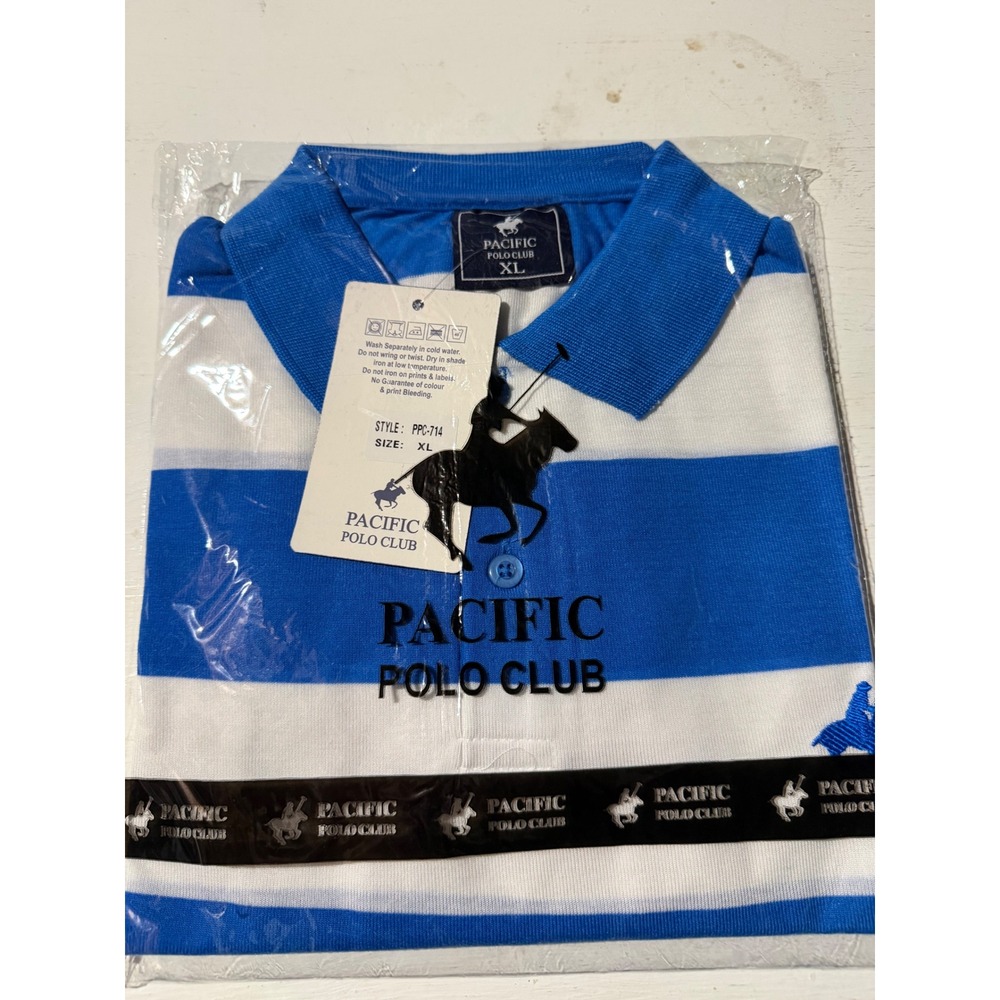 Pacific Polo Club Polo Shirt Mens XL Blue White Striped Short Sleeve PPC-714